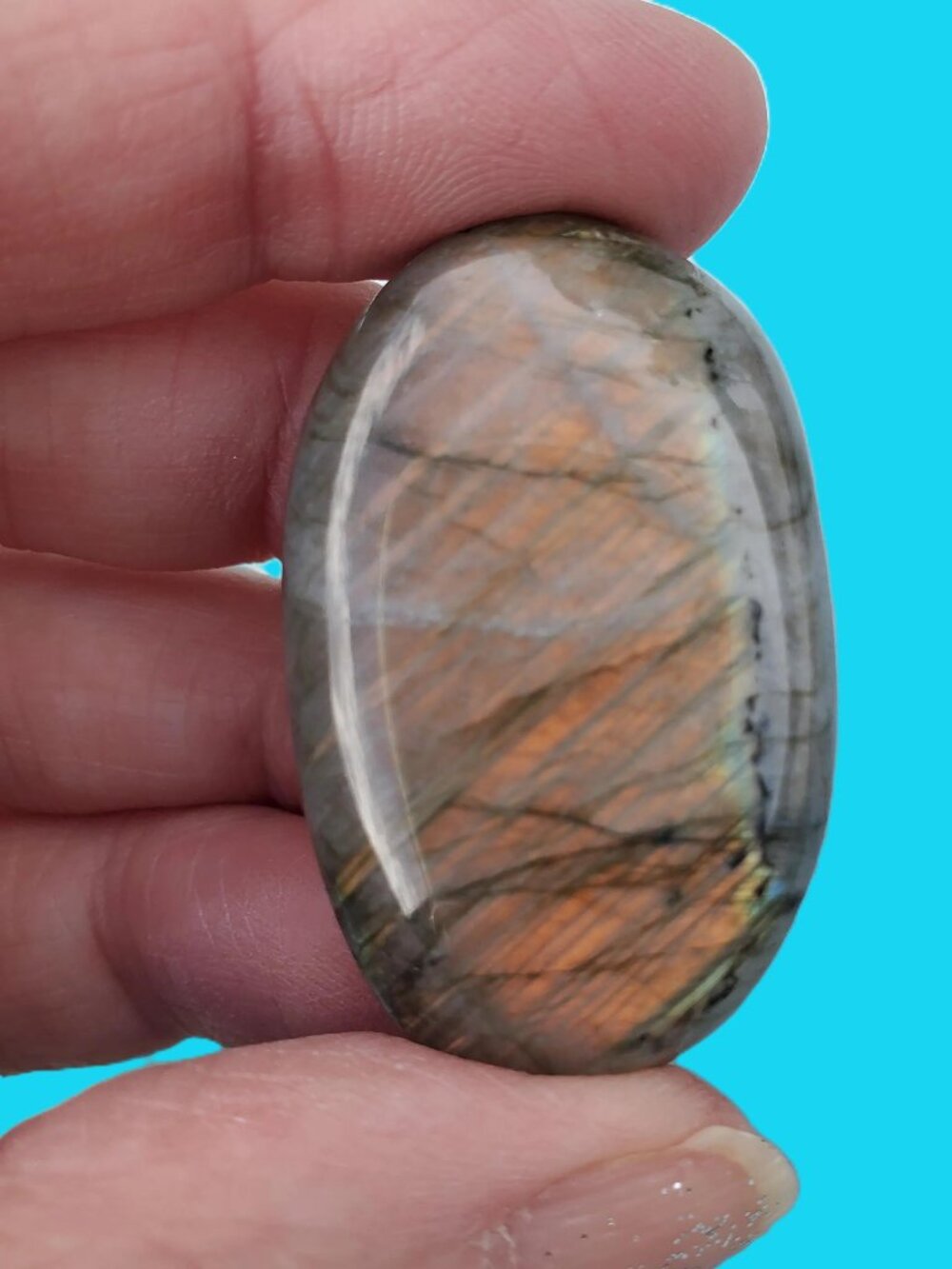 Labradorite Mini Palm Stone Green Copper Flash (L109)